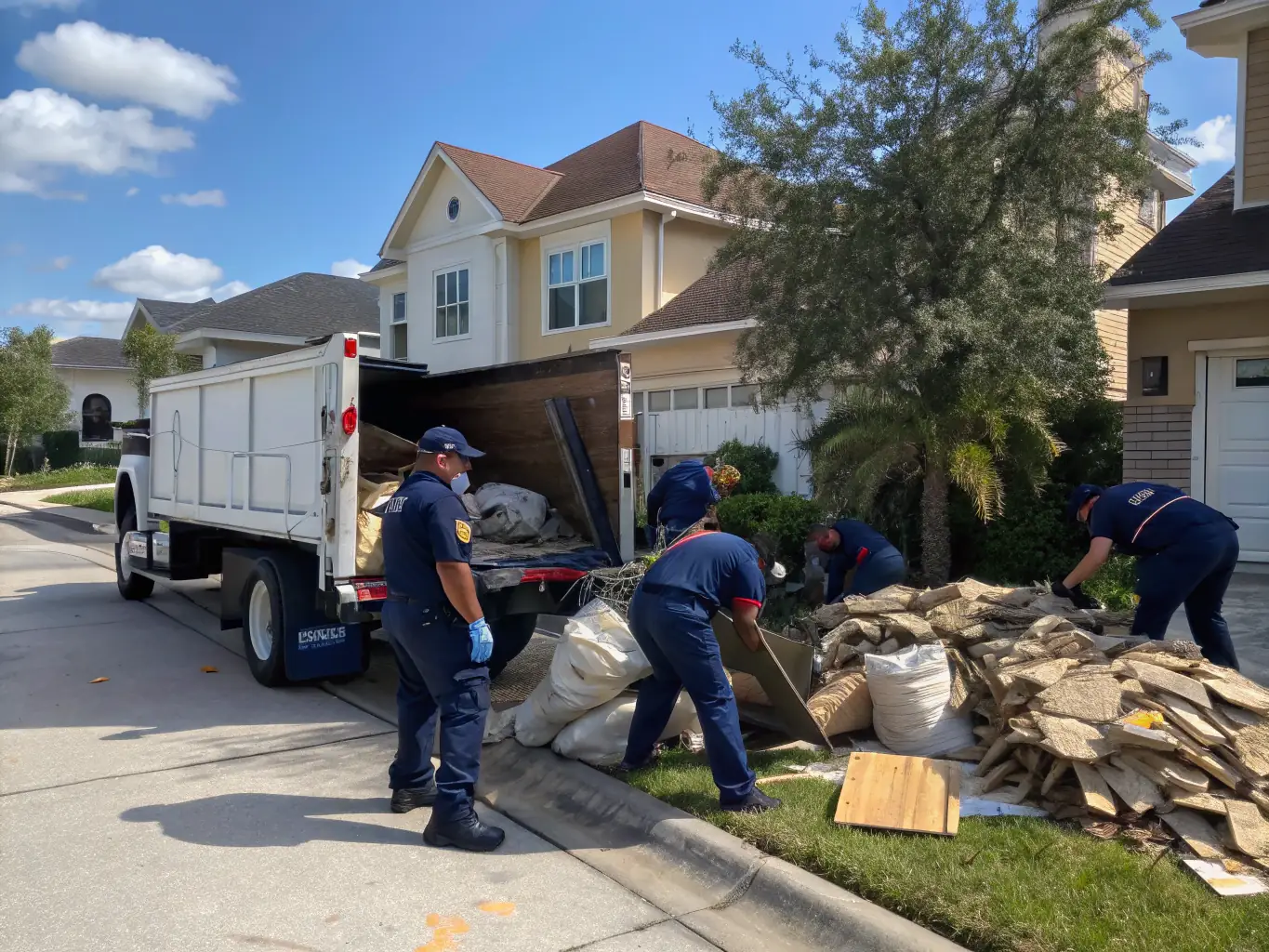 A professional junk removal truck in action, clearing debris from a residential property, representing a junk removal franchise.