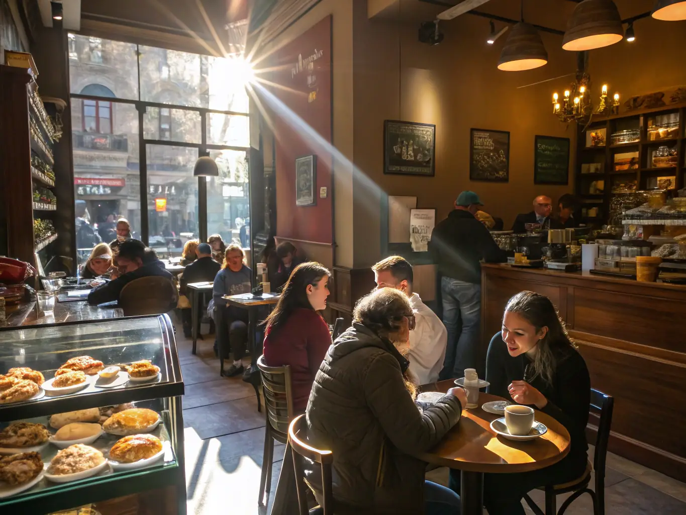 A brightly lit coffee shop with customers enjoying their beverages, showcasing a popular coffee franchise.